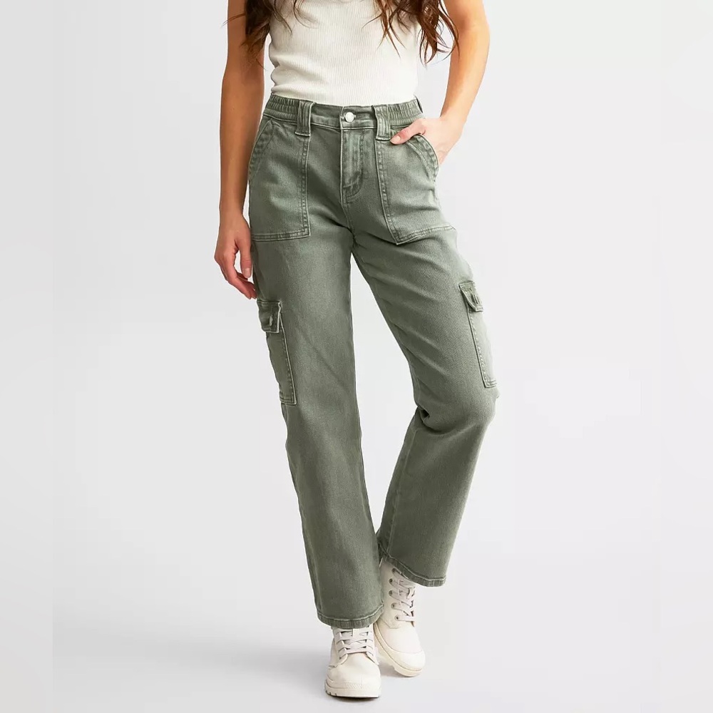 VERVET Buckle Green Stretch Cargo Y2K High Rise Wide Leg Pant Streetwear Size 24 - Picture 9 of 10